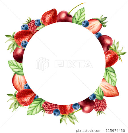Frame, logo with strawberry, raspberry, cherry and blueberry. Hand painting sweet watercolor illustration isolated on background. For designers, menu, shop, decoration, restaurant, for postcards, 115974430
