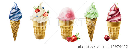 Set of ice creams with strawberry, raspberry, cherry, mint, pistachio, apple, milk, blueberry, vanilla in crispy waffle cones. Hand painting sweet watercolor illustration isolated on background. For 115974432