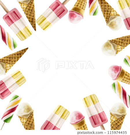 Frame with Ice cream in crispy waffle cone, lolly with strawberry, mint, vanilla, raspberry. Hand painting fruit popsicle watercolor illustration isolated on background. For designers, menu, shop, Frame with Ice cream in crispy waffle cone, lolly with strawberry, mint, vanilla, raspberry. Hand painting fruit popsicle watercolor illustration isolated on background. For designers, menu, shop, 115974435