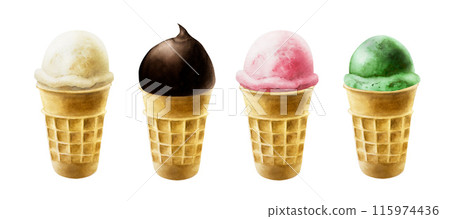 Set of ice creams with strawberry, raspberry, mint, pistachio, apple, milk, chocolate, vanilla in crispy waffle cone. Hand painting sweet watercolor illustration isolated on background. For designers, Set of ice creams with strawberry, raspberry, mint, pistachio, apple, milk, chocolate, vanilla in crispy waffle cone. Hand painting sweet watercolor illustration isolated on background. For designers, 115974436