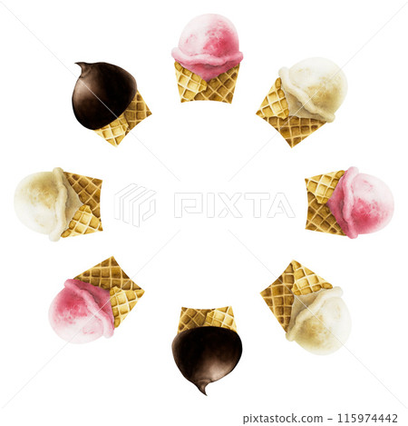 Frame, logo with ice cream. Strawberry, raspberry, milk, chocolate, vanilla in crispy waffle cone. Hand painting sweet watercolor illustration isolated on background. For designers, menu, shop, 115974442