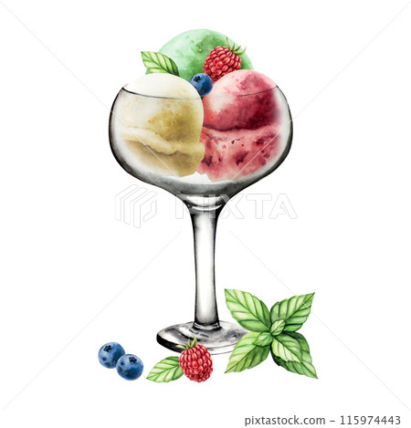 Glass bowl with scoops of vanilla, pistachio, mint, apple, strawberry, cherry, raspberry ice cream. Hand painting sweet watercolor illustration isolated on background. For designers, menu, shop, 115974443