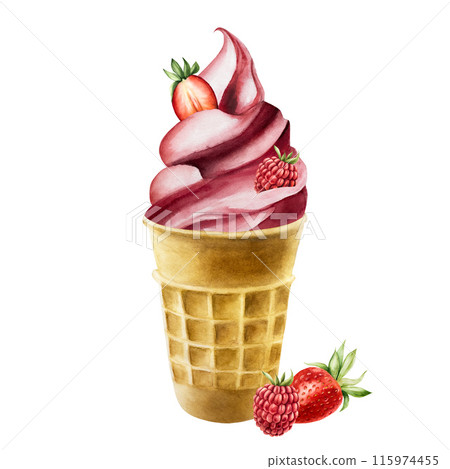 Strawberry, raspberry, cherry soft ice cream in crispy waffle cone. Hand painting sweet watercolor illustration isolated on background. For designers, menu, shop, decoration, restaurant, for 115974455