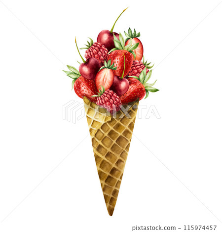 Crispy waffle cone for ice cream full of strawberry, raspberry, cherry. Hand painting sweet watercolor illustration isolated on background. For designers, menu, shop, decoration, restaurant, for 115974457
