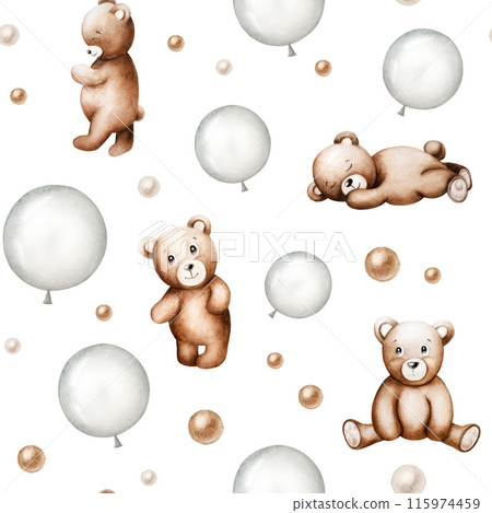Seamless pattern with cute cartoon teddy bears, silver and brown foil balloons. Hand drawn watercolor baby illustration isolated on background. Lovely toy for baby and kids new born celebration, Seamless pattern with cute cartoon teddy bears, silver and brown foil balloons. Hand drawn watercolor baby illustration isolated on background. Lovely toy for baby and kids new born celebration, 115974459