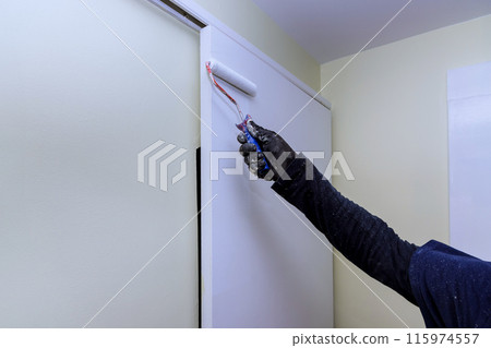 Roller is used to paint door white during repairs 115974557