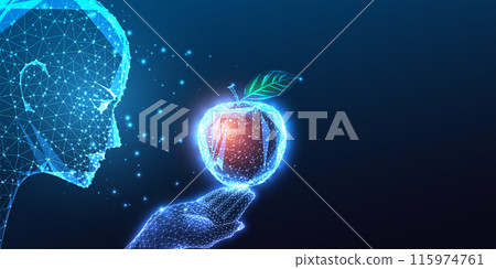 Machine learning, intelligent technology futuristic concept. AI head gazes at hand holding apple. Machine learning, intelligent technology futuristic concept. AI head gazes at hand holding apple. 115974761