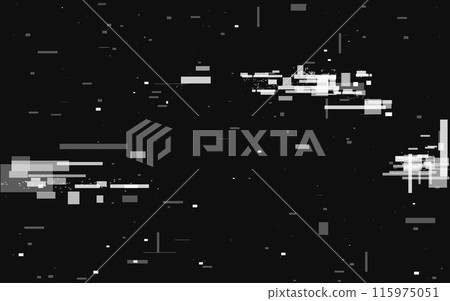 Glitch texture. Abstract white shapes and pixels. Distorted video signal. Modern digital noise. Overlay geometric elements on dark backdrop. Broken data visualization. Vector illustration 115975051