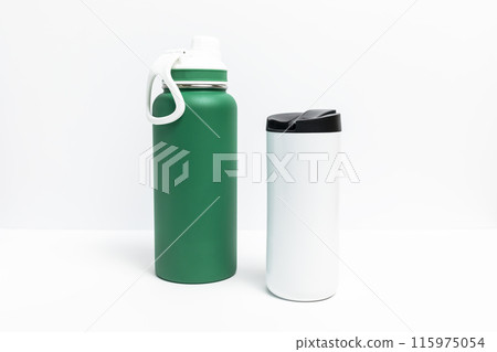 Isolated Reusable Sport Green and Water Bottles, Protein Shaker On White Background. Tumbler, Product Template. Travel Mug Horizontal Plane. Isolated Reusable Sport Green and Water Bottles, Protein Shaker On White Background. Tumbler, Product Template. Travel Mug Horizontal Plane. 115975054