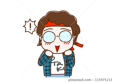 (上半身正面)戴眼鏡的御宅族,臉頰因驚訝而興奮、幸福 (上半身正面)戴眼鏡的御宅族,臉頰因驚訝而興奮、幸福 115975213