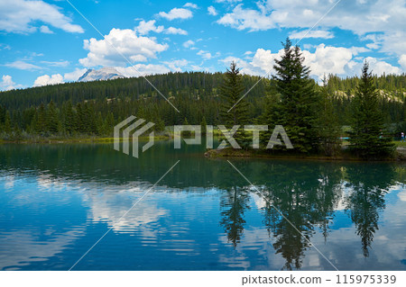 Incredible majestic mountains against the background of the beautiful turquoise Lake Minewanka in Banff National Park in Canada 115975339