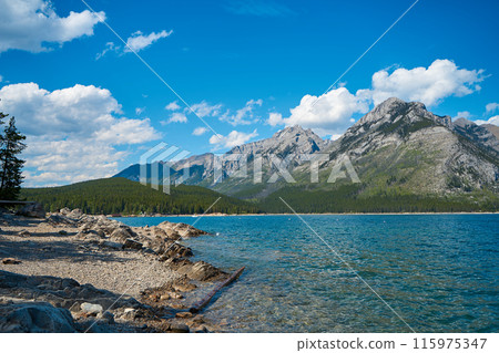 Incredible majestic mountains against the background of the beautiful turquoise Lake Minewanka in Banff National Park in Canada 115975347