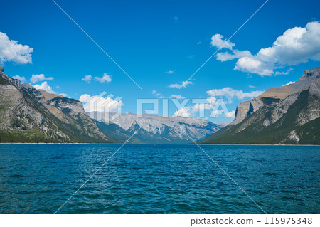 Incredible majestic mountains against the background of the beautiful turquoise Lake Minewanka in Banff National Park in Canada 115975348