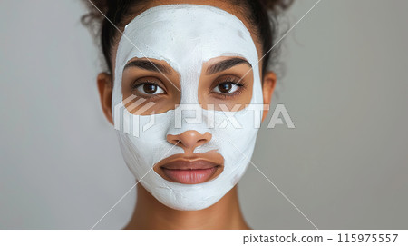Woman with white clay mask on face, showcasing natural skincare and beauty treatment 115975557