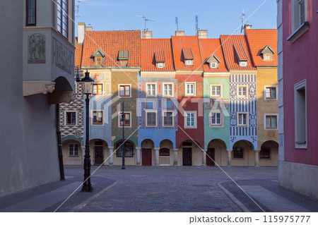 Facades of old colorful houses on the Town Hall Square in Poznan Facades of old colorful houses on the Town Hall Square in Poznan 115975777