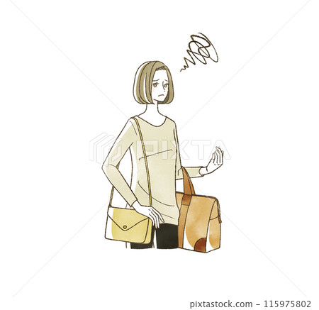 A woman holding a suitcase with a troubled expression 115975802