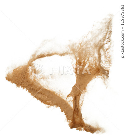 Abstract cloud fly. Yellow colored sand splash throwing curve circle in Air. Golden grain wave explode. Fine Sand flying explosion, White background Isolated throwing particle element object 115975863