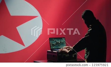 North Korea air defense operator uses radar system to detect incoming missiles during korean conflict. Pyongyang regime army soldier scans rockets approaching borders, deploys shields, camera A 115975921