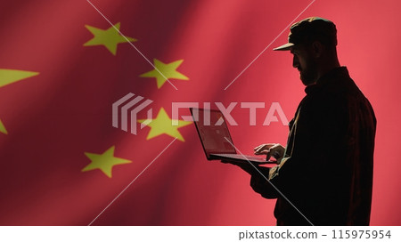 Chinese air defense operator using radar system on laptop to detect intercontinental ballistic missiles. CCP red army soldier scanning rockets approaching borders, isolated over China flag, camera A 115975954