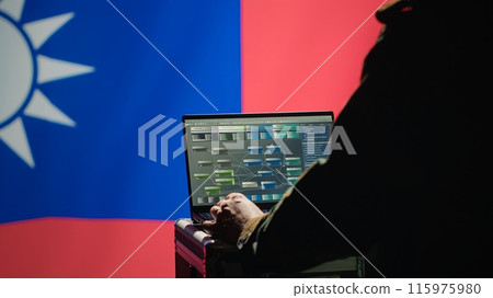 Military engineer creating fake accounts on social media to persuade other nations to act in Taiwanese government interests. Taiwan insurgent influences people online to support independence, camera A 115975980