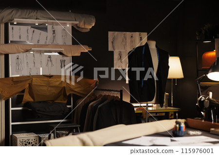 Upscale professional atelier shop full of premium quality elegant sartorial outfits and fashion design sketch drawings on walls. Tailoring studio with bespoken stylish clothing on mannequins Upscale professional atelier shop full of premium quality elegant sartorial outfits and fashion design sketch drawings on walls. Tailoring studio with bespoken stylish clothing on mannequins 115976001