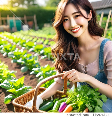 我畫了一個女人在農場用生成的材料收割新鮮蔬菜。 115976122