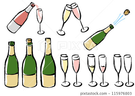 Champagne bottle and glass illustration set 115976803
