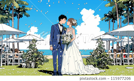 一對年輕男女在海邊結婚 一對年輕男女在海邊結婚 115977206