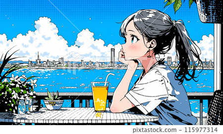 Young woman having a drink at a seaside coffee restaurant 115977314