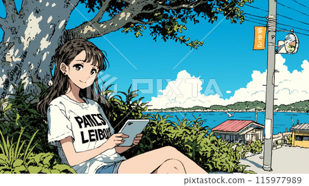 一名年輕女子在沖繩海灘操作智慧型手機/平板電腦 115977989