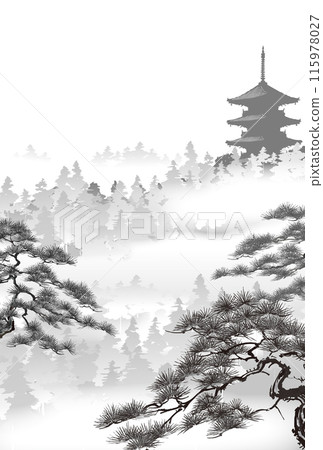 松、霧、五層塔、墨 115978027