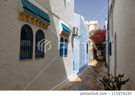 Typical alley in Hammamet Medina between white residential buildings Typical alley in Hammamet Medina between white residential buildings 115978295