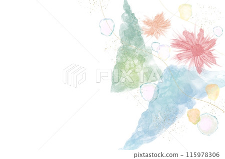 Alcohol ink art banner. Red and orange flowers with two triangles and gold glitter on white background Alcohol ink art banner. Red and orange flowers with two triangles and gold glitter on white background 115978306