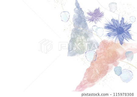 Alcohol ink art banner. Blue and purple flowers with two triangles and gold glitter on white background Alcohol ink art banner. Blue and purple flowers with two triangles and gold glitter on white background 115978308