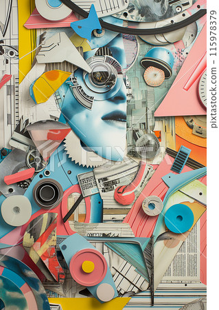A collage of various images and objects, including a clock, a person's face 115978379