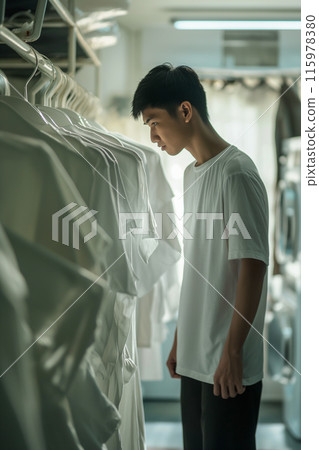A man is looking at a rack of white clothes 115978380