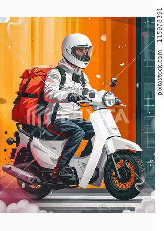 A man is riding a scooter with a backpack on his back A man is riding a scooter with a backpack on his back 115978391