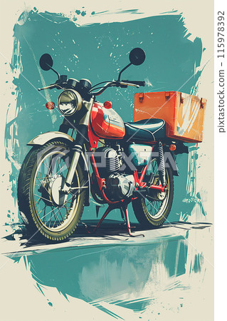 A red motorcycle with a black seat and orange box on the back A red motorcycle with a black seat and orange box on the back 115978392