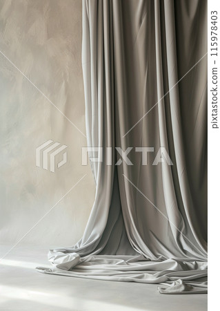 A white curtain hangs in front of a wall A white curtain hangs in front of a wall 115978403