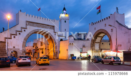Twilight scene at Bab El Khadra and Mosque Barrek Jmel in Tunis 115978666