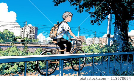 A young man riding a bicycle under a blue sky 115978694