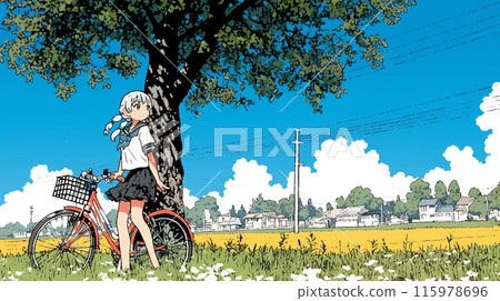 藍天下騎自行車的年輕女子 藍天下騎自行車的年輕女子 115978696