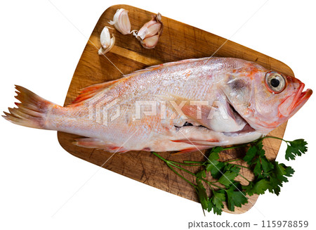 Raw whole red palometa fish with garlic and parsley Raw whole red palometa fish with garlic and parsley 115978859