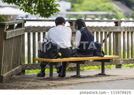 好朋友高中男孩和女孩坐在公園的長椅上 115978929