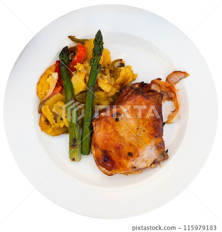 Tasty spicy half lamb shoulder baked with potatoes and asparagus Tasty spicy half lamb shoulder baked with potatoes and asparagus 115979183