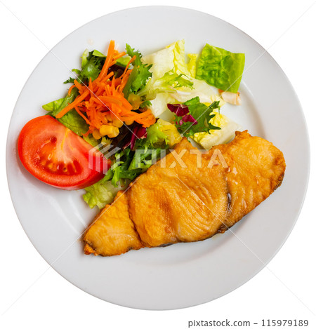 Delicious fried fish, typical andalusian food. Spanish dish with dogfish served with salad on white plate Delicious fried fish, typical andalusian food. Spanish dish with dogfish served with salad on white plate 115979189