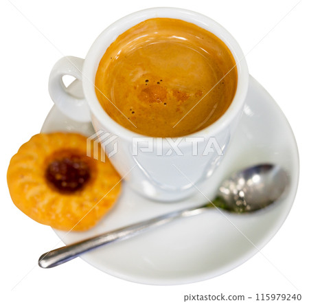 Cup of cortado, Spanish beverage made of espresso with dessert 115979240