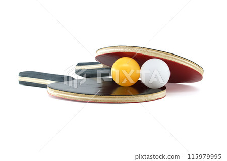 Table tennis rackets and two balls isolated on white 115979995