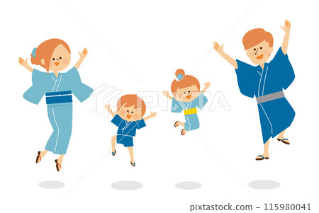 Japanese summer festival Bon Odori dance illustration of a family jumping in yukata 115980041