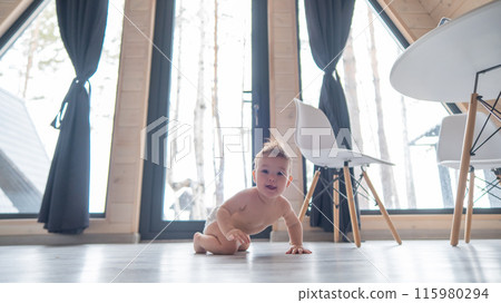 Little boy crawling on the floor by the patio window. Little boy crawling on the floor by the patio window. 115980294